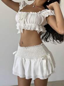 Aloruh 2 Pieces Set: Women's Sweet Pastoral Puff Sleeve Cake Dress For Spring/Summer Vacation White - White - View 6