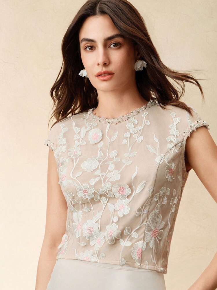 Women's Elegant Romantic Embroidered Floral Beaded Spring/Summer Tops, T-Shirts, Blouses For Women, Festival, Vacation, Holiday
