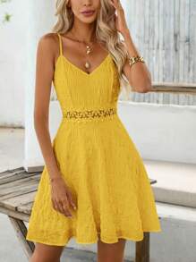 SHEIN VCAY Vacation Casual Solid Color Lace Panel Camisole Dress - Yellow - View 5