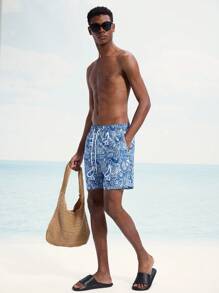 Surfspeed Men's Casual Cashew Print Drawstring Waist Beach Shorts - Blue - View 3