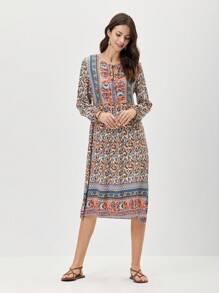 Miaspire Tie Neck Floral Print Lantern Sleeve Smock Dress