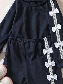 2件套女婴休闲运动可爱甜美侧边蝴蝶结宽松舒适针织圆领套头长袖连帽衫T恤上衣和短裤套装，粉色 - 黑色 - 查看 4