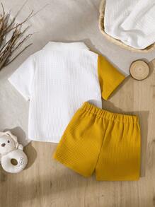 Vintaside Kids 男婴装饰贴袋翻领短袖开衫和短裤套装 - 黃色 - 查看 2