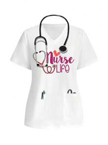 TaskEZ Nurse's Day Stethoscope Heart Pattern "Nurse Life" Casual Nursing Scrub Uniform Top - White - View 1