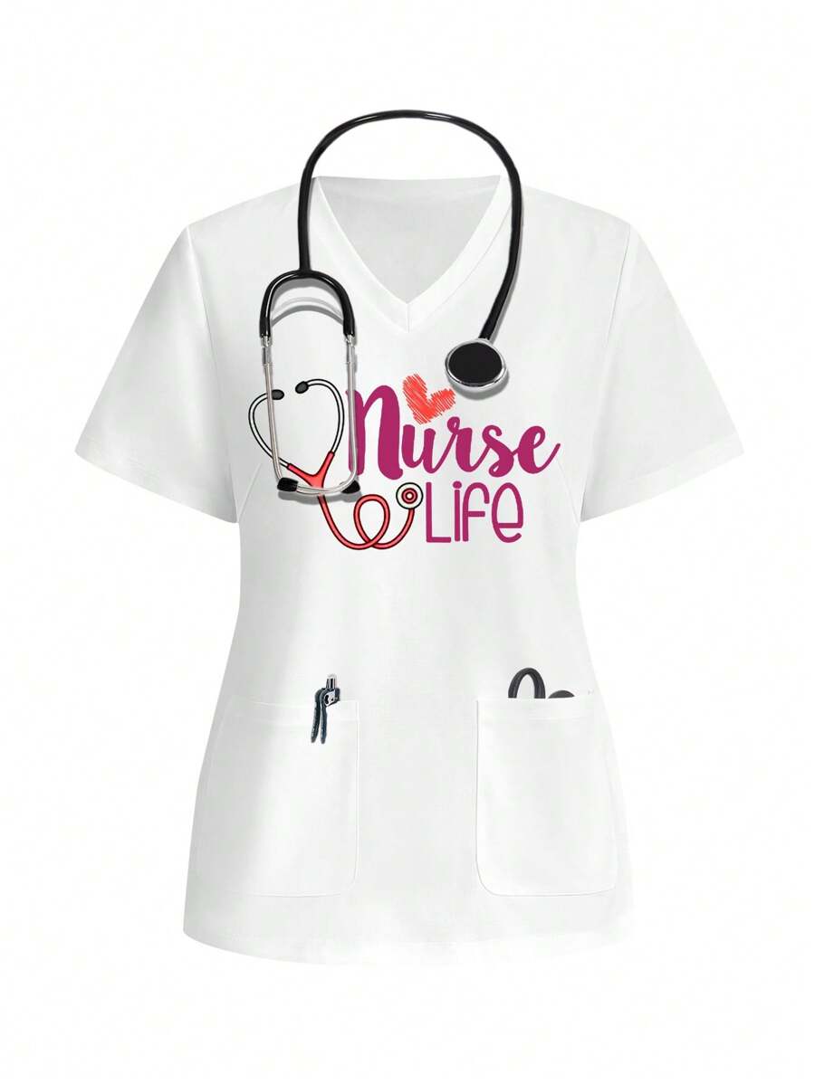 TaskEZ Nurse's Day Stethoscope Heart Pattern "Nurse Life" Casual Nursing Scrub Uniform Top - White - View 1