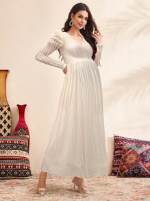 SHEIN Váy ren cổ chữ V tay bồng cho bà bầu, Váy xanh cho nữ, Váy thu/đầm thu - Màu be - Xem 4