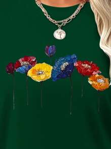 SHEIN LUNE Women's Casual Comfy Long Sleeve T-Shirt With Digital Carnation Floral Print, Suitable For Home, Leisure And Outdoor Wear, Spring/Summer - Green - View 6