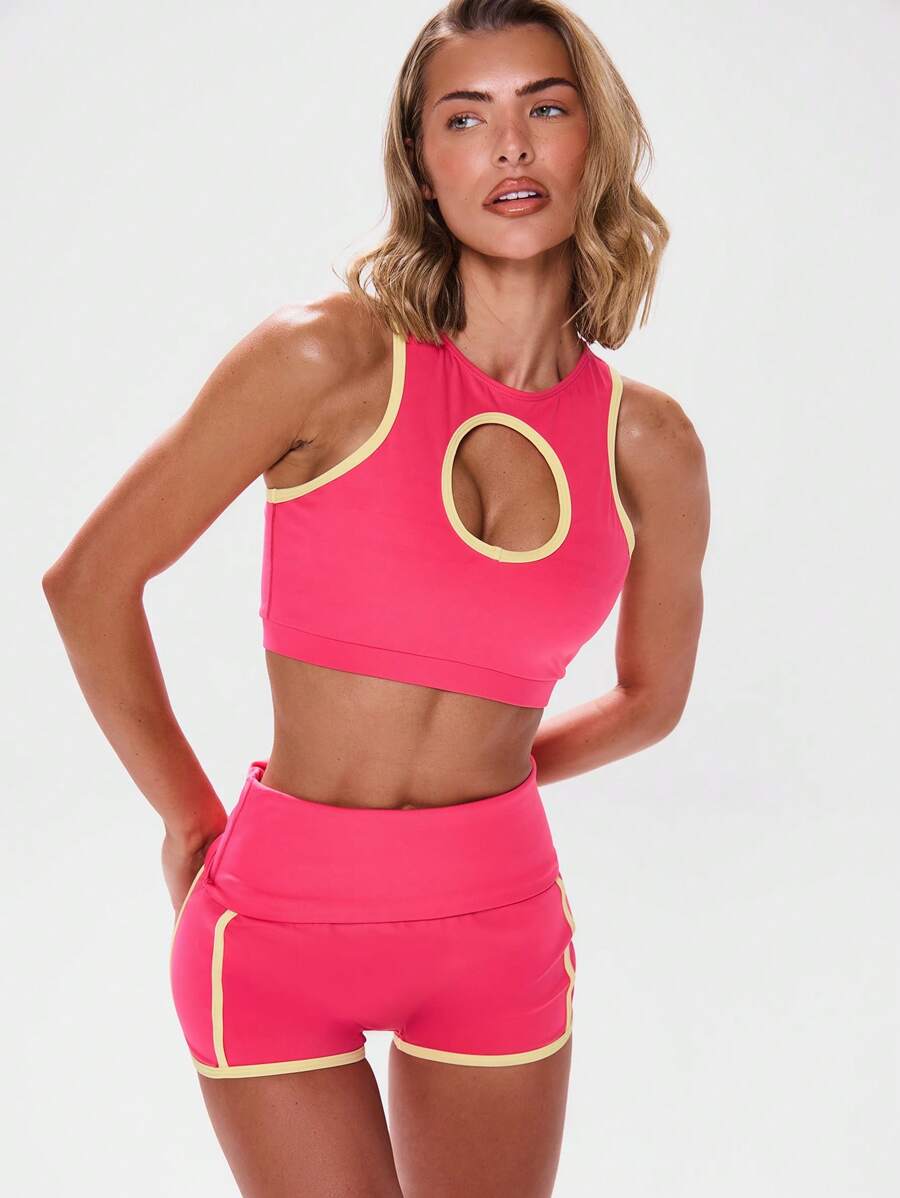 Musera Sport Racerneck Contrast Trim Cut Out Crop Top Active Workout Gym ,Padel, Tennis, Pickleball Gym Fitness - Multicolor - View 1