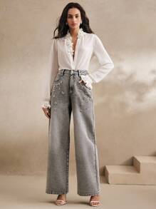 Anewsta 优雅通勤时尚手工水钻直筒女裤，春季女士，夏季 - 深灰色 - 查看 5