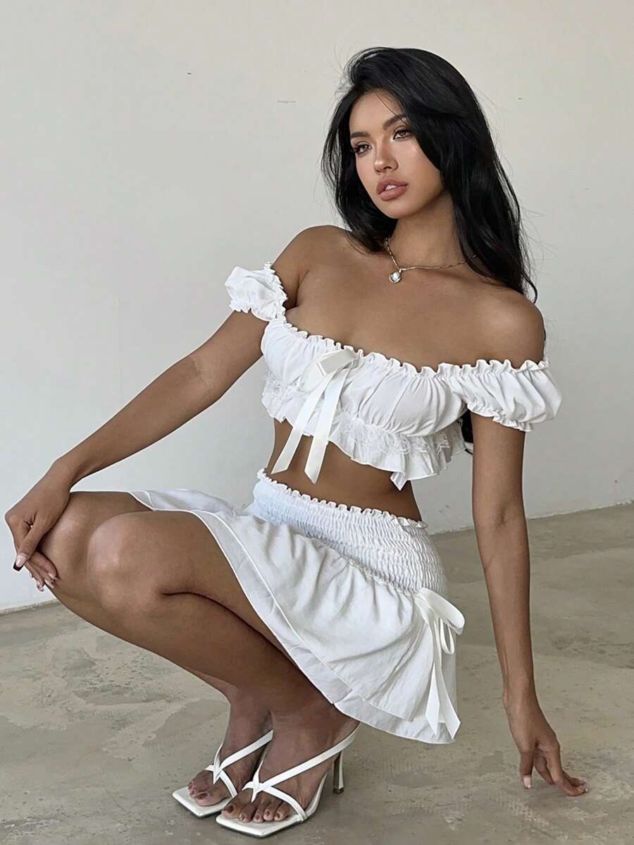 Aloruh 2 Pieces Set: Women's Sweet Pastoral Puff Sleeve Cake Dress For Spring/Summer Vacation White