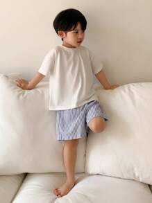 Dazy Kids 儿童男童秋季服装：短袖针织圆领上衣 + 编织条纹短裤套装，夏季休闲 - 藍白色 - 查看 2