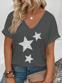 INAWLY Women's V-Neck Flare Cuff Star Print Casual Versatile Plus Size T-Shirt - Dark Grey - View 1