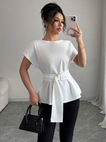 Elenzga Blusa donna primaverile/estiva, design di nicchia minimalista, con collo tondo, maniche a campana, vita stretta e effetto snellente