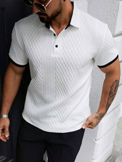 Manfinity Homme Men's Classic Wheat Ear And Mesh Diamond Pattern Embossed Button Collar Short-Sleeved Polo Shirt, Men's Business Commuter Top, Men's Casual Top. The Fabric Texture Is Comfortable And The Workmanship Is Excellent. It Is Suitable For Daily Wear, School, Music Festivals, Going Out, Vacation, Leisure, Party, Travel. It Can Be Given To Friends, Boyfriends, Husbands, And Family.