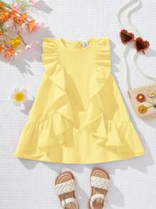 SHEIN Baby Girl Lovely Orange Ruffle Trim Vacation Dress, Summer - Yellow - View 10