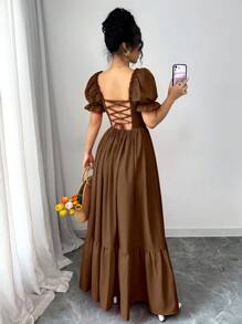 Rafferiza Đầm xòe hở eo cổ vuông tay bồng buộc trước sau cho nữ - Cà phê - Xem 5