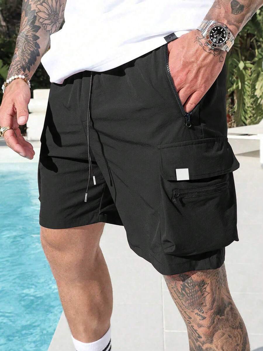 Manfinity Homme 男士夏季休闲纯色工装短裤街头潮流 - 黑色 - 查看 1