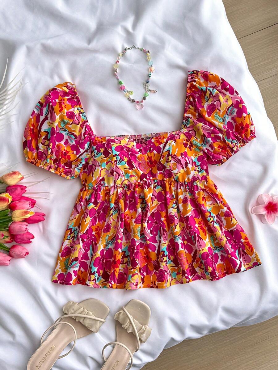 SHEIN 少女度假碎花方领泡泡袖衬衫，可爱碎花上衣 - 紅色 - 查看 1