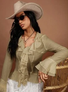 COSMINA 女士优雅荷叶边长袖衬衫，春夏 - 卡其色 - 查看 6