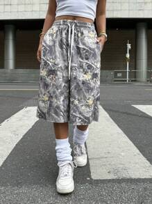 Muchica 女士抽绳腰袋树枝印花针织阔腿裤 - 灰色 - 查看 1