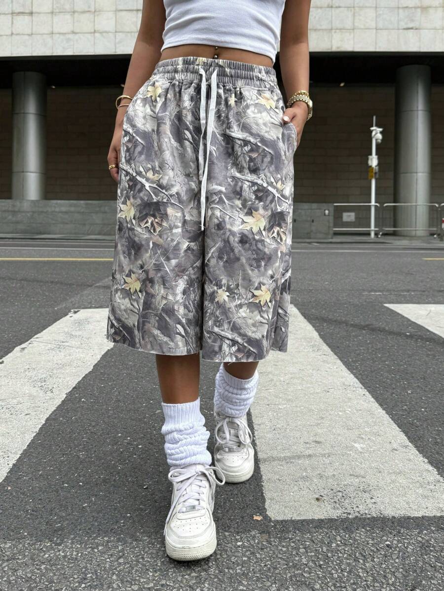 Muchica 女士抽绳腰袋树枝印花针织阔腿裤 - 灰色 - 查看 1