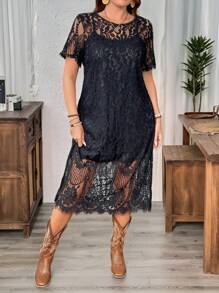 SHEIN LUNE Vestido casual de encaje con cuello redondo y manga corta recto para mujer de talla grande, conjuntos de ropa de verano para vacaciones
