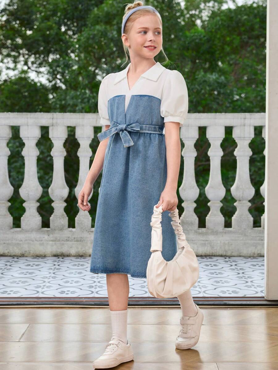 Tween Girls' Collar Ruffled Sleeves Casual Patchwork Denim Dress - Medium Wash - View 1