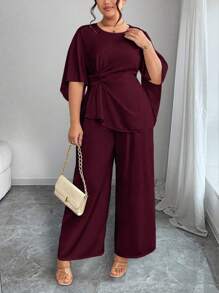 Elenzga Bộ 2 món thanh lịch cho nữ cỡ lớn áo cánh xếp ly tay dài và quần ống rộng - Màu Đỏ Sâu - Xem 1