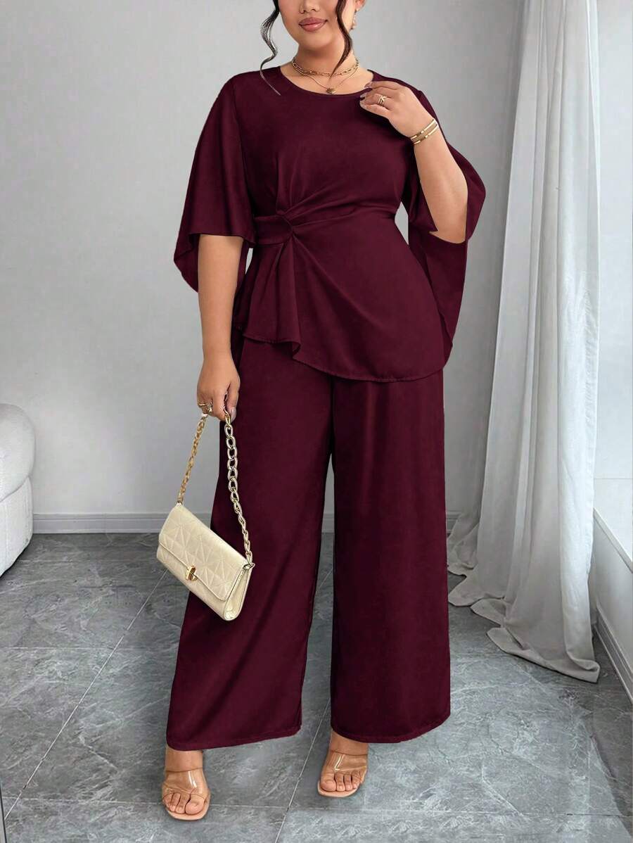 Elenzga Bộ 2 món thanh lịch cho nữ cỡ lớn áo cánh xếp ly tay dài và quần ống rộng - Màu Đỏ Sâu - Xem 1