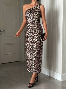 SHEIN Tall 高腰优雅舒适豹纹长裙 - 彩色 - 查看 5