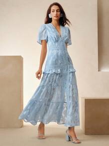 Anewsta Vestido elegante de manga corta con encaje en azul para damas, perfecto para festivales de música de primavera y verano - Azul - Ver 7