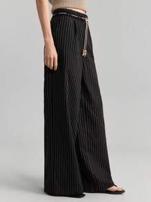 Ontre Women's Black Pinstripe Woven Fabric Casual Long Pants With Pockets And Drawstring Waist - Black - View 7