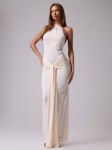 MUSERA Halter Neck Ruched Front Maxi Dress, For Wedding Guest, Summer - Cream - View 1