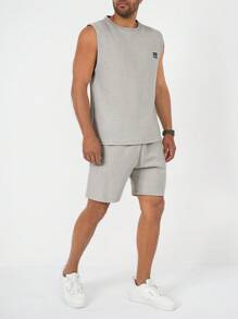 RueChic Men Letter Patched Detail Tank Top & Shorts - Apricot - View 3