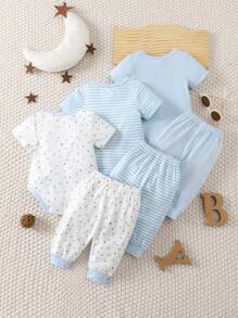 SHEIN Playful Pals Bộ 6 món cho bé sơ sinh, kiểu dáng thường ngày, kẻ sọc và họa tiết ngôi sao, cổ tròn, tay ngắn, áo liền quần và quần, chất liệu vải dệt kim thoải mái, phù hợp cho hoạt động ngoài trời và mặc hàng ngày, dành cho bé từ 0-9 tháng tuổi. - Xanh và trắng - Xem 10