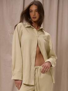 MUSERA Camisa de manga larga con textura oversize, elegante ropa de playa bohemia romántica para vacaciones de y verano, ideal como cubreplaya para el aeropuerto - Amarillo - Ver 1