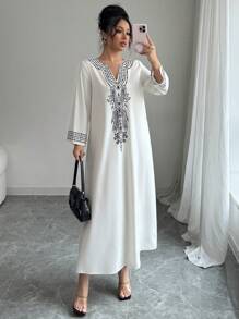 Elenzga 女士宽松定位印花长袍，时尚长裙 - 杏色 - 查看 1