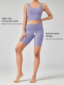 GLOWMODE 8" FeatherFit™ Crossover Biker Shorts Cycling Running Gym Workout - Mauve Mist - View 3