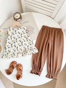 SHEIN 2pcs Set: Young Girl Sleeveless Ditsy Floral Ruffle Collar Top & Wide Leg Solid Loose Pants