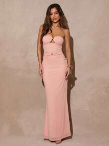 Silquee Vestido de sirena maxi strapless de unicolor elegante y calado para mujer - Rosa - Ver 5