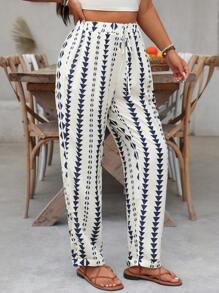 SHEIN Holidaya Pantaloni casual e larghi con stampa a cono, vita con coulisse, adatti alle vacanze, per taglie forti
