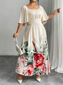 Modelyn Plus Size Jacquard Color-Block Long Sleeve Waist-Cinched A-Line Dress - Red - View 4