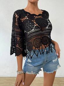 Swim Vcay Solid Color Sheer Fringe Hem Casual Pullover Hoodie Top