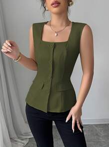 Elenzga Áo sơ mi nữ cổ vuông không tay tối giản có trang trí túi giả, phong cách đi làm thanh lịch, mùa xuân/hè - xanh quân đội - Xem 4