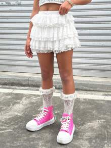 Coolane Kids Tween Girls Primavara/Vara/Drăguț/Streetwear Dantela Stretchy Contrast Dantela Pantaloni scurți albi