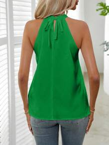 EMERY ROSE Women's Solid Color Pleated Casual Versatile Halter Neck Top - Green - View 2