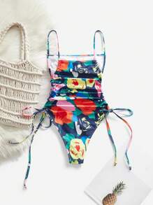 SHEIN VCAY Costume da bagno intero con laccetti laterali a fiori per donna - Multicolore - Visualizzare 3