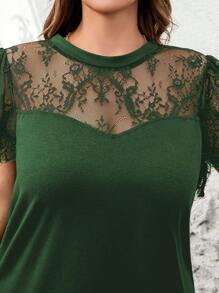 SHEIN Clasi Plus Size Women Lace Patchwork Short Sleeve Blouse - Dark Green - View 6