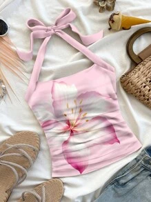 Soleia Women's Pink Textured Knit Halter Neck Crop Top, Suitable For Summer Vacation,Rave Top - Pink - View 4