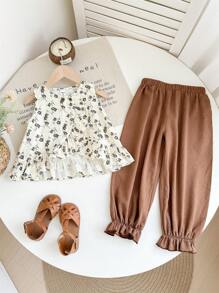 SHEIN 2pcs Set: Young Girl Sleeveless Ditsy Floral Ruffle Collar Top & Wide Leg Solid Loose Pants